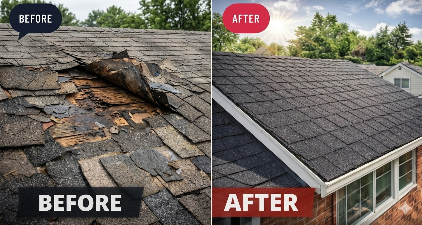Before and after roof replacement — storm damaged roof replaced with new charcoal architectural shingles