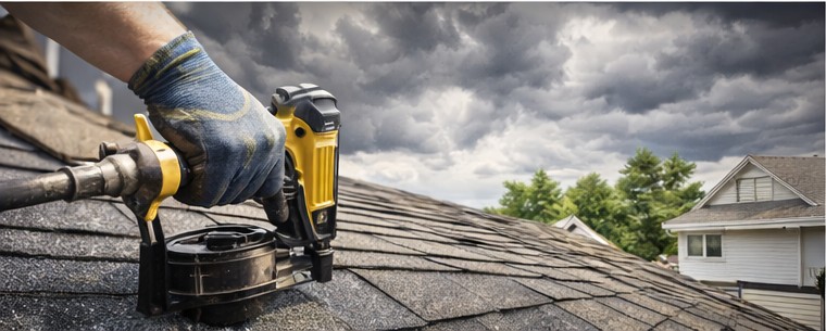 Close-up of shingle installation with roofing nailer