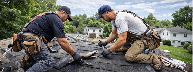 Roofing crew working on a house in a Syracuse-style neighborhood