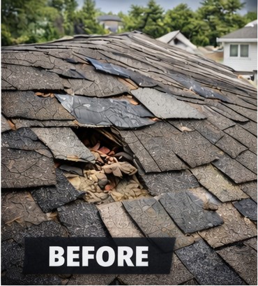 Roof with visible shingle damage before replacement